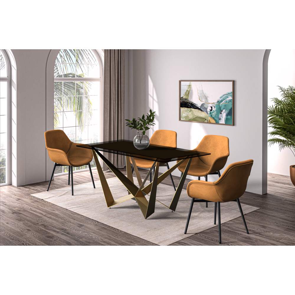 Modern Dining Table with a 55" Rectangular Top and Gold Steel Base. Picture 9