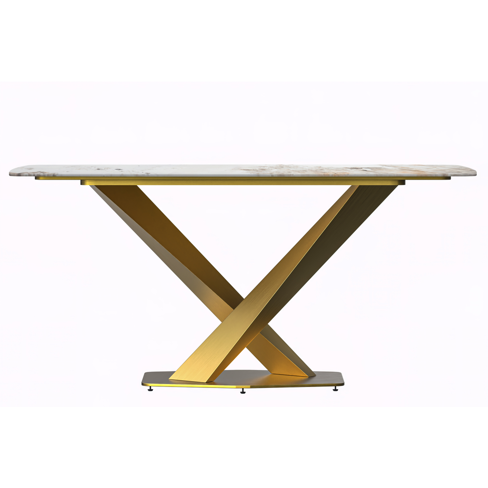 Modern Dining Table Gold Base, With 55" White Grey Sintered Stone Top. Picture 3