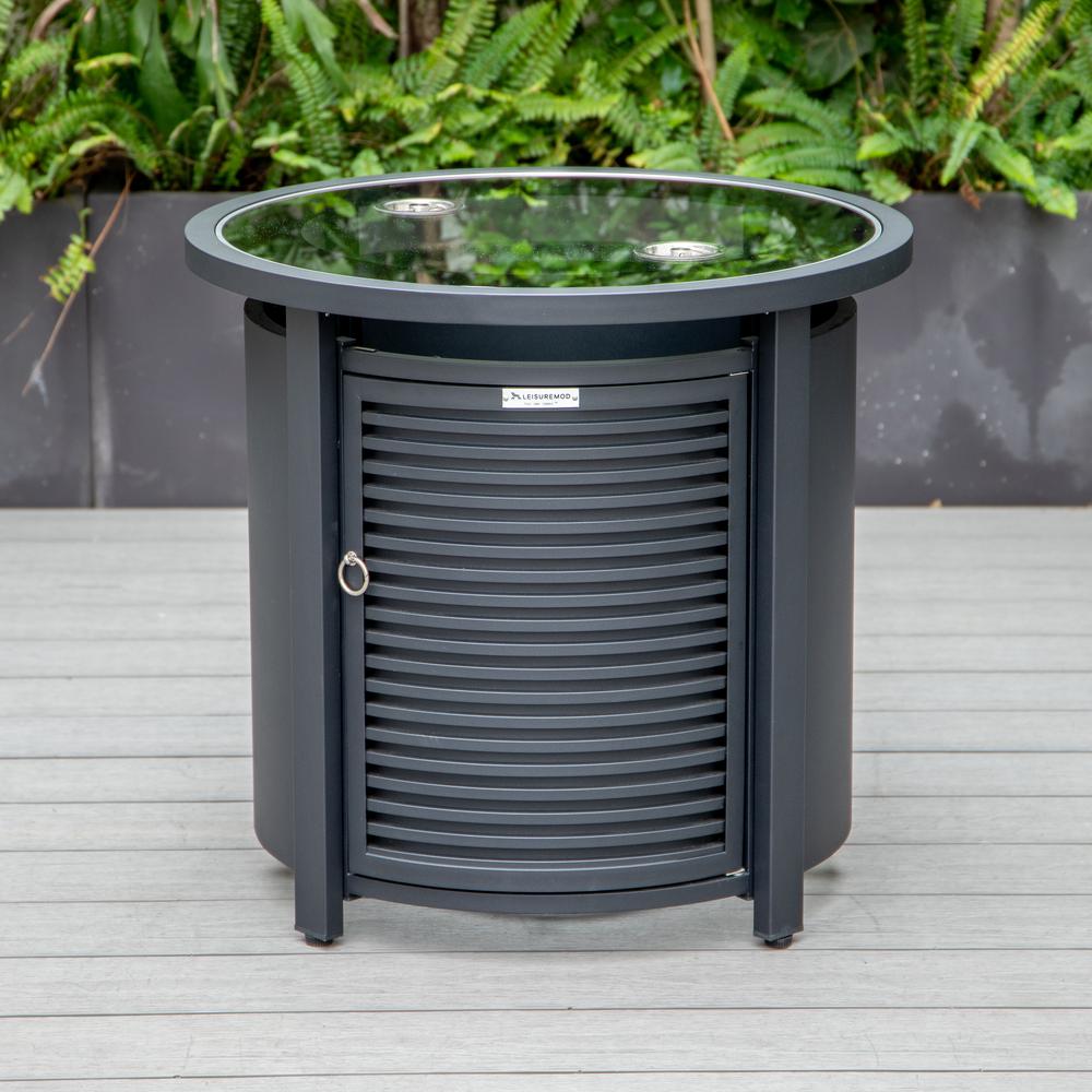 LeisureMod Walbrooke Modern Black Patio Conversation With Round Fire Pit With Slats Design & Tank Holder, Navy Blue. Picture 4