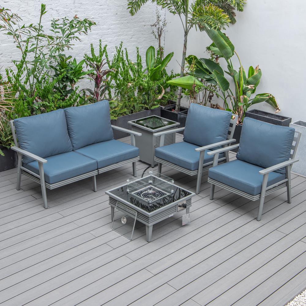 LeisureMod Walbrooke Modern Grey Patio Conversation With Square Fire Pit With Slats Design & Tank Holder, Navy Blue. Picture 9
