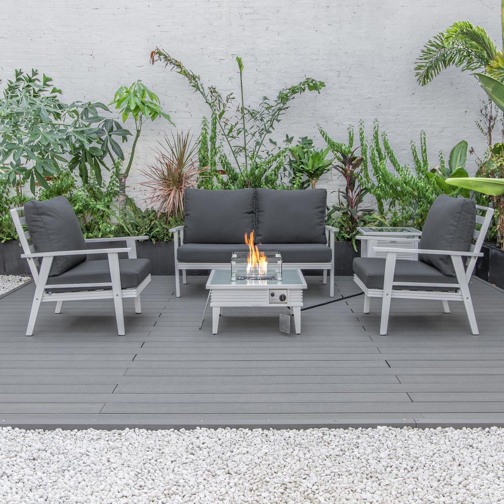 LeisureMod Walbrooke Modern White Patio Conversation With Square Fire Pit With Slats Design & Tank Holder, Charcoal. Picture 8