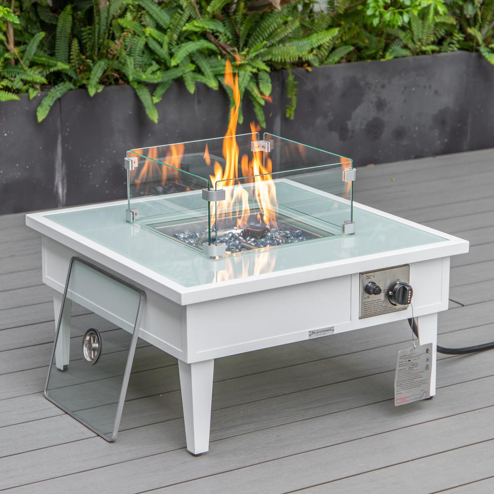 LeisureMod Walbrooke Modern White Patio Conversation With Square Fire Pit & Tank Holder, Navy Blue. Picture 4