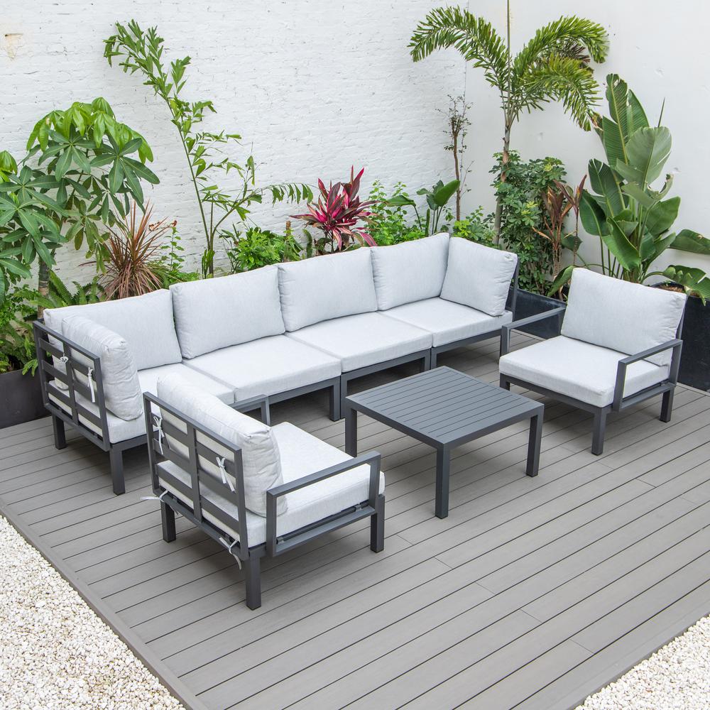 LeisureMod Hamilton 7-Piece Aluminum Patio Conversation Set With Coffee Table And Cushions Light Grey. Picture 8