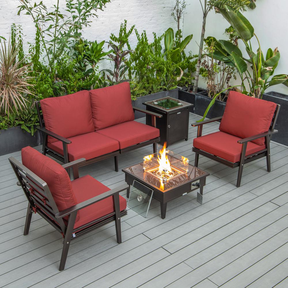 LeisureMod Walbrooke Modern Brown Patio Conversation With Square Fire Pit & Tank Holder, Red. Picture 1