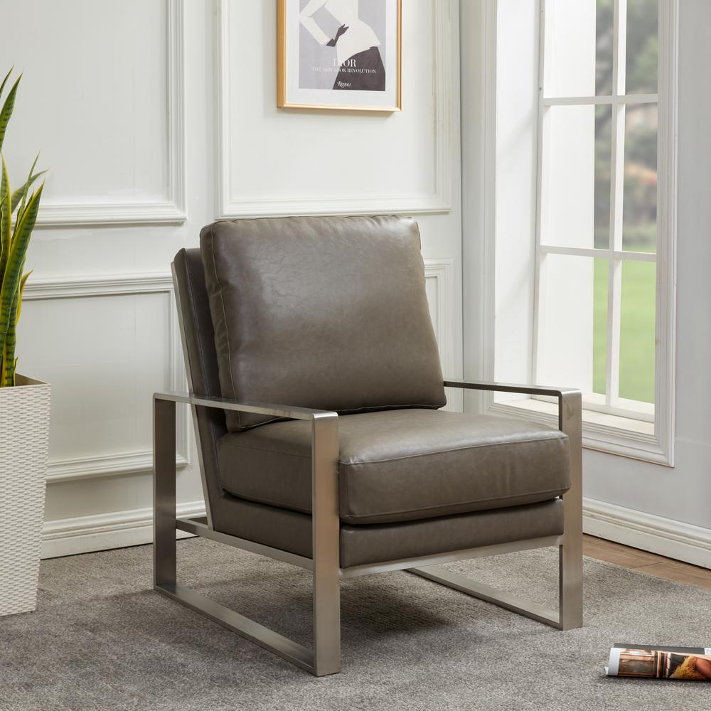LeisureMod Jefferson Leather Modern Design Accent Armchair With Elegant Silver Frame, Grey. Picture 6