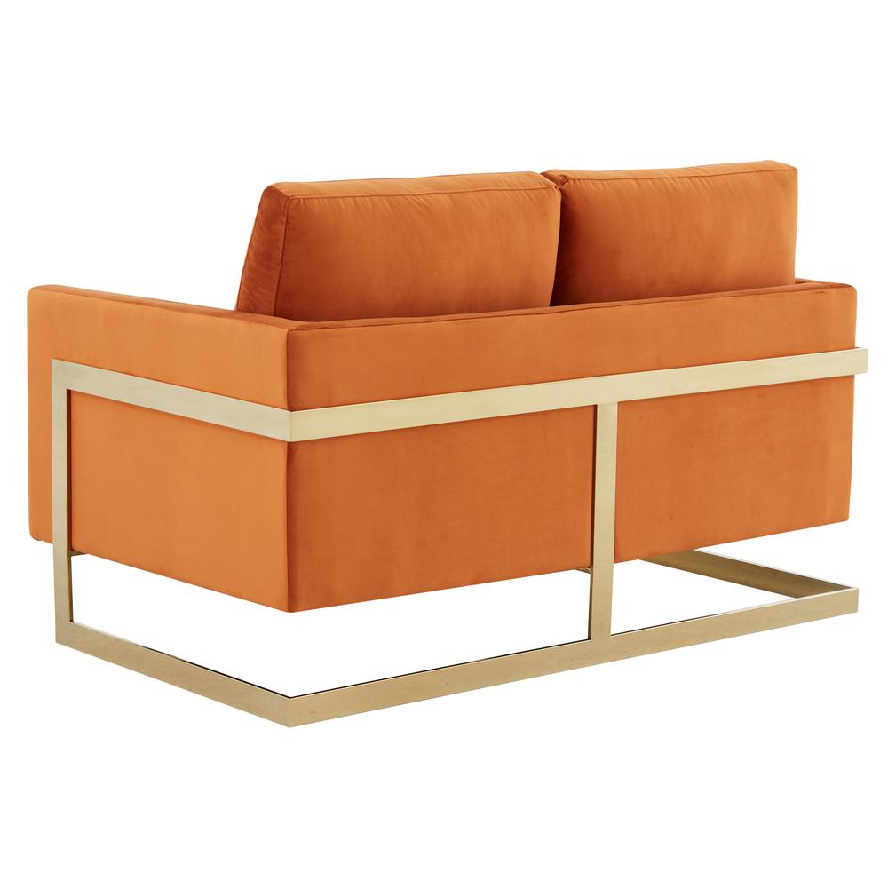 LeisureMod Lincoln Modern Mid-Century Upholstered Velvet Loveseat with Gold Frame, Orange Marmalade. Picture 3