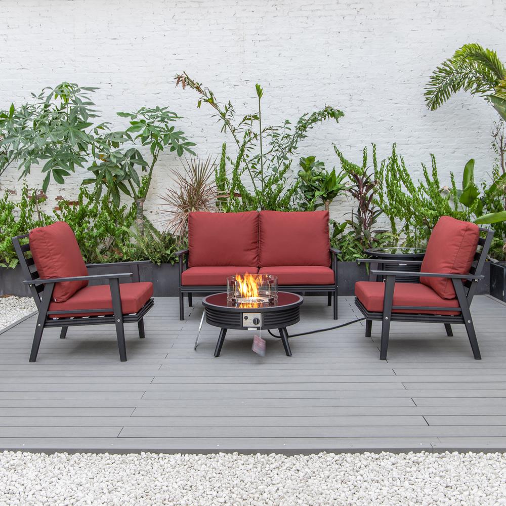 LeisureMod Walbrooke Modern Black Patio Conversation With Round Fire Pit With Slats Design & Tank Holder, Red. Picture 2
