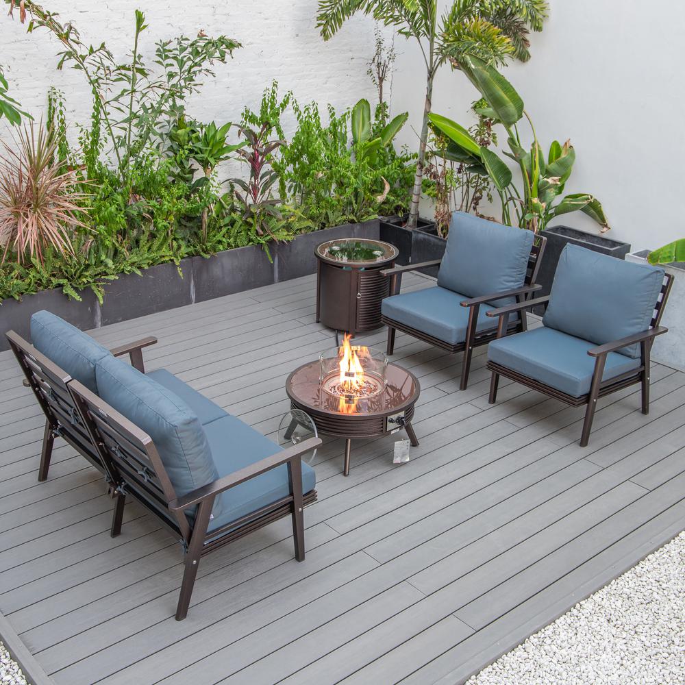 LeisureMod Walbrooke Modern Brown Patio Conversation With Round Fire Pit With Slats Design & Tank Holder, Navy Blue. Picture 9