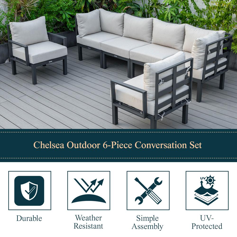 LeisureMod Chelsea 6-Piece Patio Sectional Black Aluminum With Cushions in Beige. Picture 31