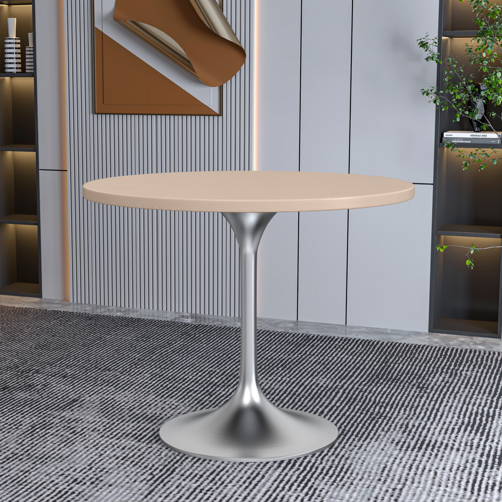 36" Round Dining Table, Brushed Chrome Base with Light Natural Wood MDF Top. Picture 7
