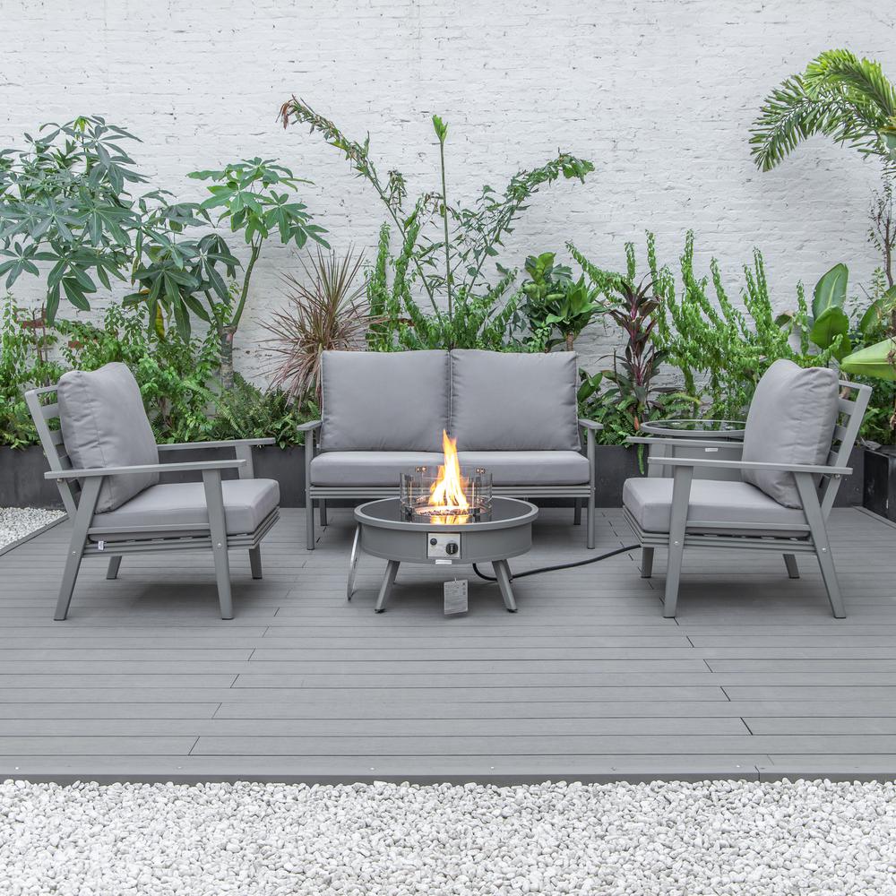 LeisureMod Walbrooke Modern Grey Patio Conversation With Round Fire Pit & Tank Holder, Grey. Picture 6