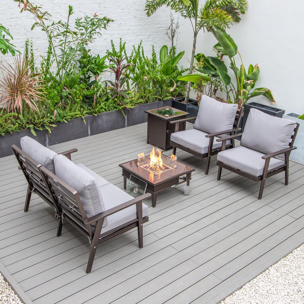 LeisureMod Walbrooke Modern Brown Patio Conversation With Square Fire Pit With Slats Design & Tank Holder, Grey. Picture 7