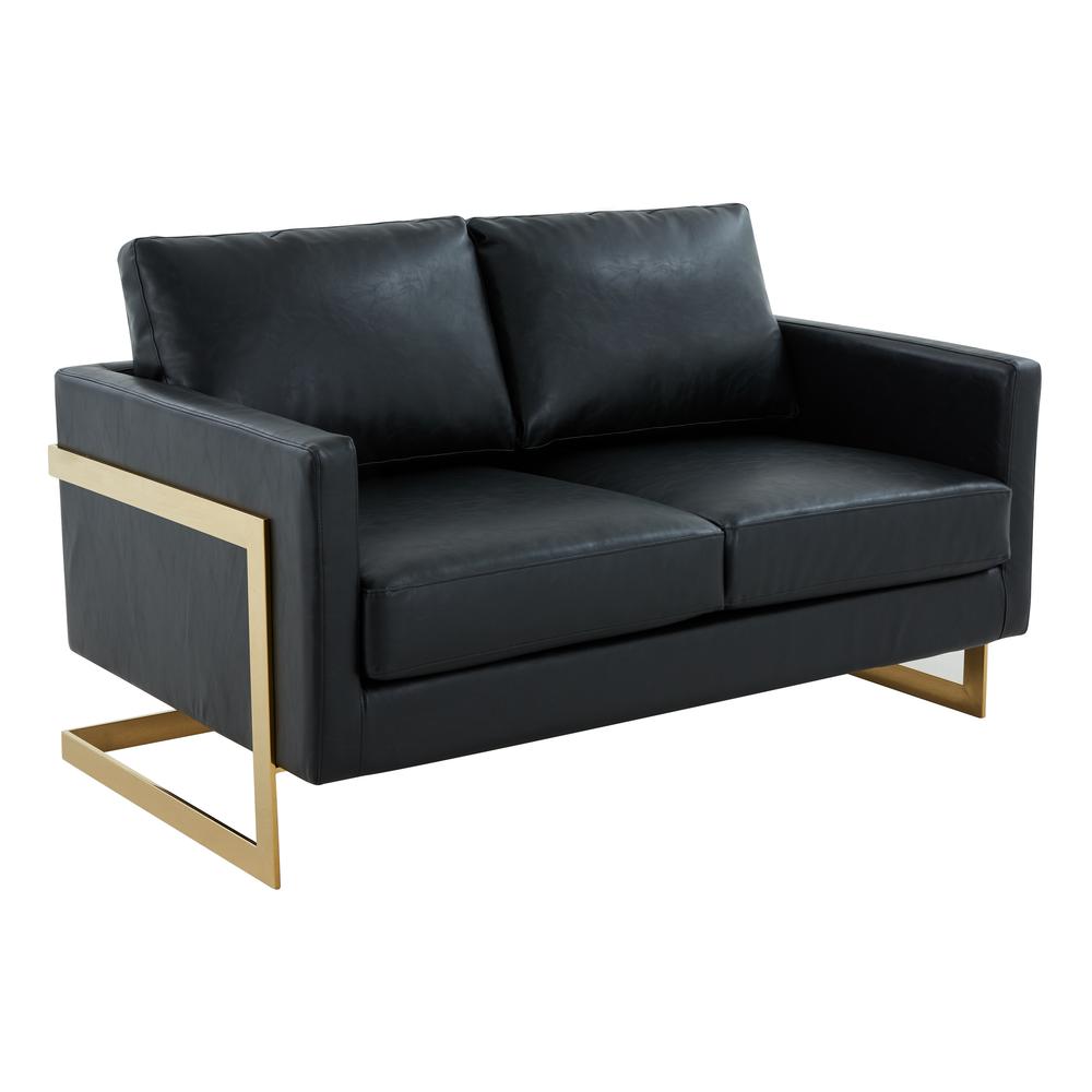 LeisureMod Lincoln Modern Mid-Century Upholstered Leather Loveseat with Gold Frame, Black. Picture 1