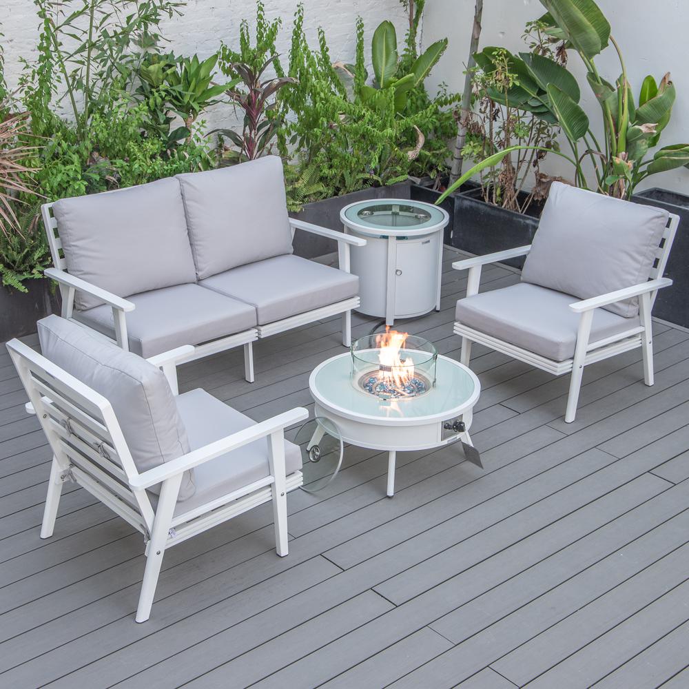 LeisureMod Walbrooke Modern White Patio Conversation With Round Fire Pit & Tank Holder, Light Grey. Picture 1