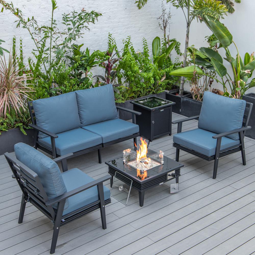 LeisureMod Walbrooke Modern Black Patio Conversation With Square Fire Pit With Slats Design & Tank Holder, Navy Blue. Picture 1
