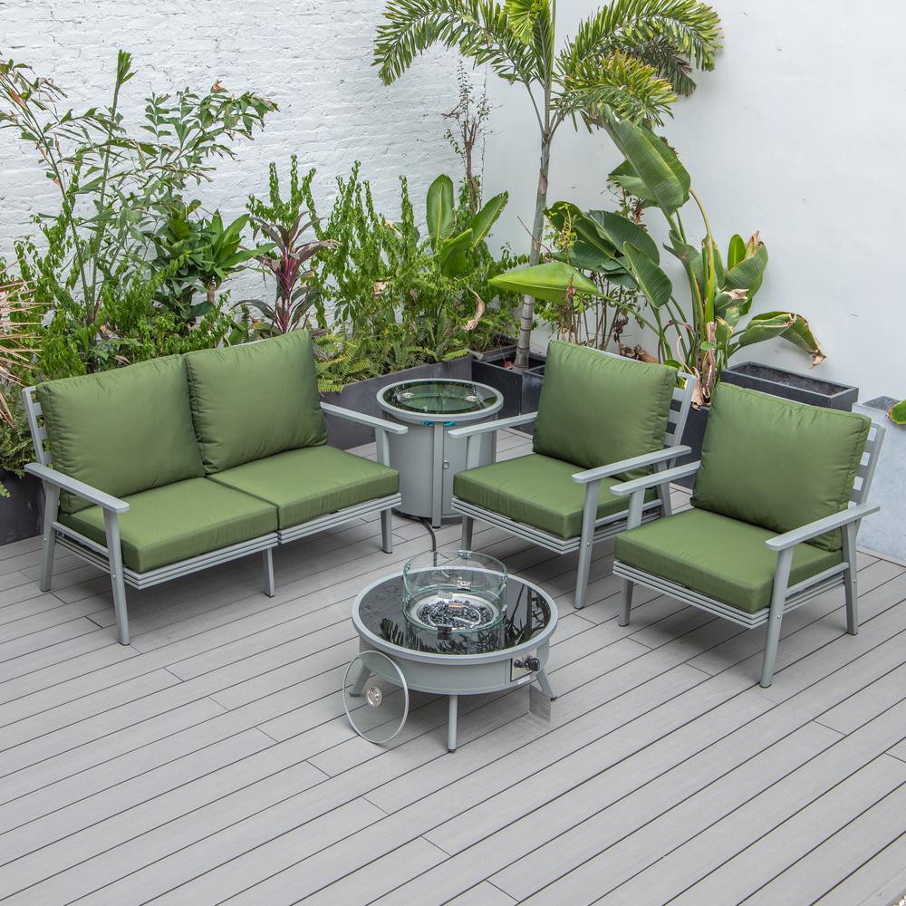 LeisureMod Walbrooke Modern Grey Patio Conversation With Round Fire Pit & Tank Holder, Green. Picture 8