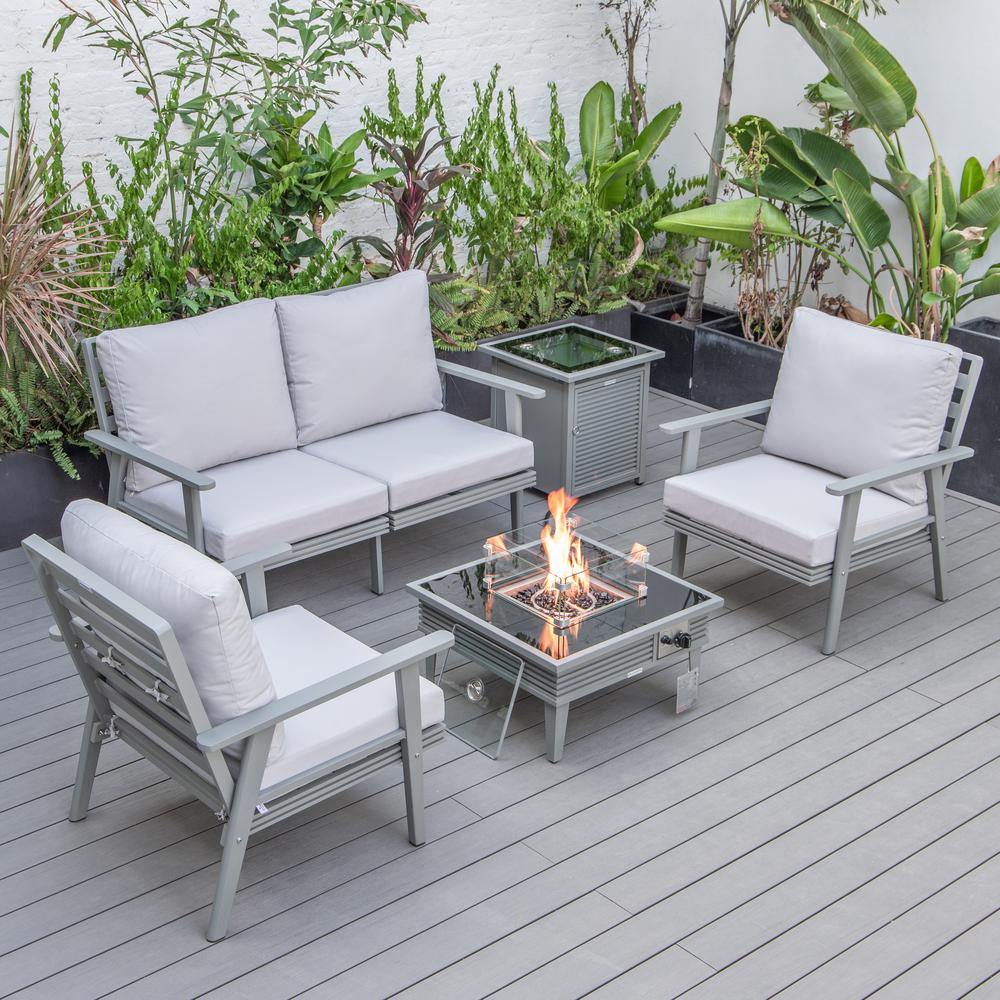 LeisureMod Walbrooke Modern Grey Patio Conversation With Square Fire Pit With Slats Design & Tank Holder, Light Grey. The main picture.