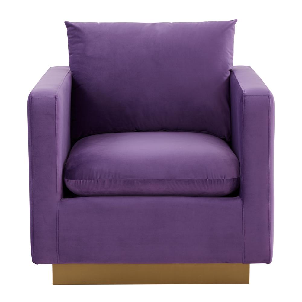 LeisureMod Nervo Velvet Accent Armchair With Gold Frame, Purple. Picture 2