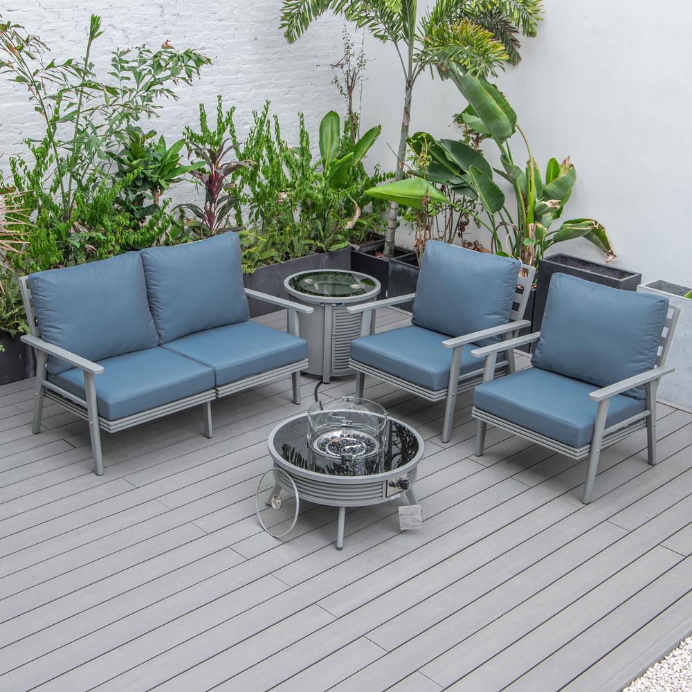 LeisureMod Walbrooke Modern Grey Patio Conversation With Round Fire Pit With Slats Design & Tank Holder, Navy Blue. Picture 8
