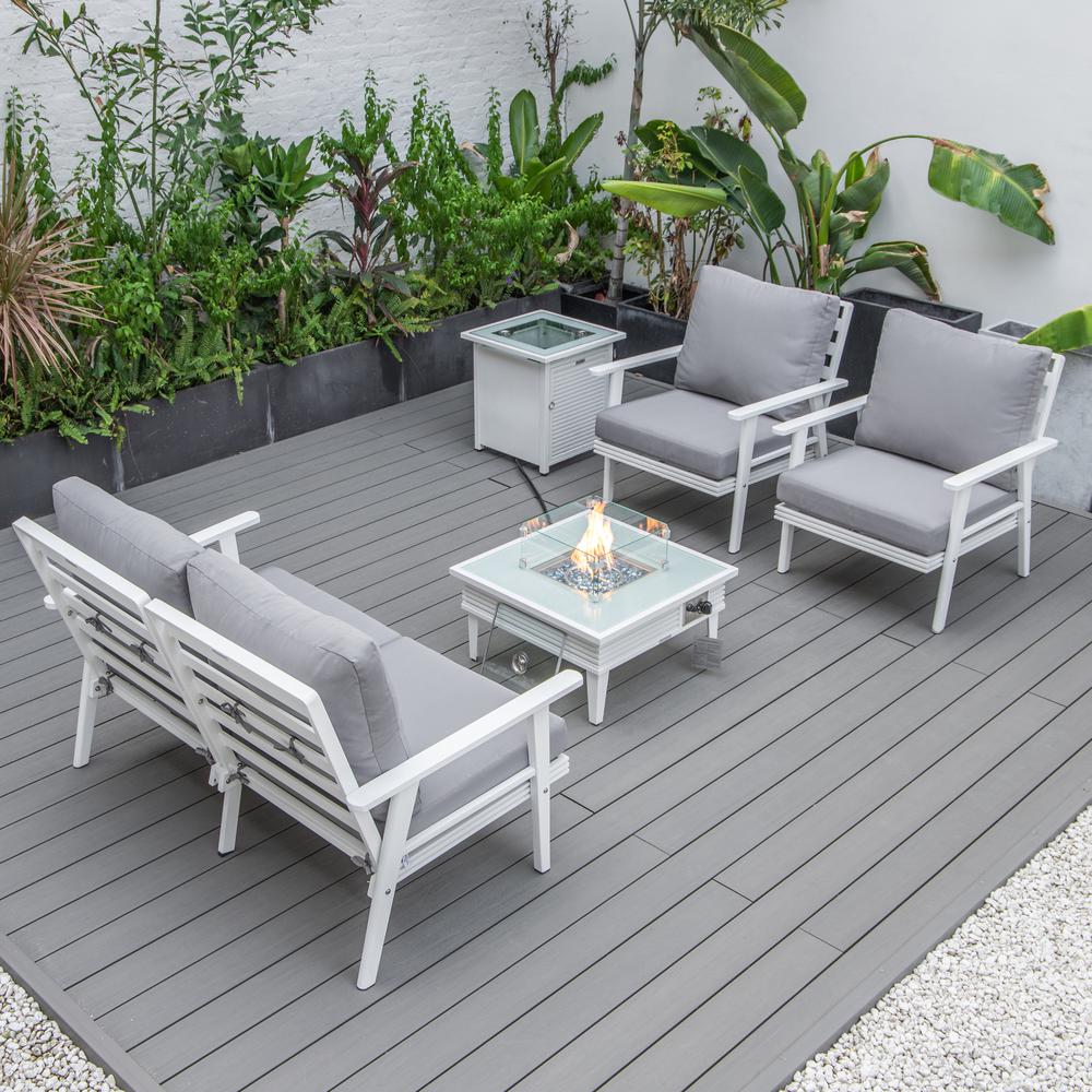 LeisureMod Walbrooke Modern White Patio Conversation With Square Fire Pit With Slats Design & Tank Holder, Grey. Picture 7