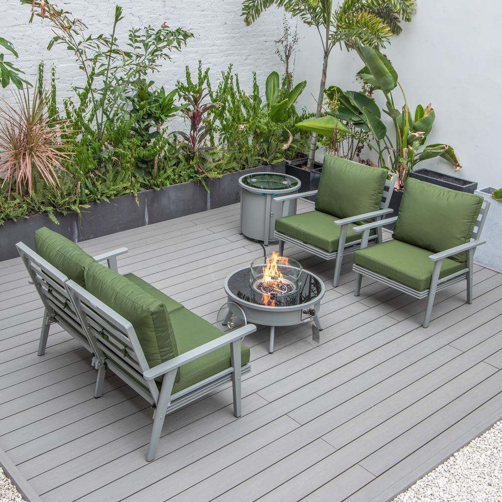 LeisureMod Walbrooke Modern Grey Patio Conversation With Round Fire Pit & Tank Holder, Green. Picture 7