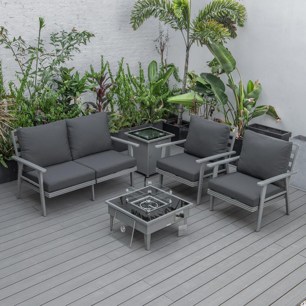 LeisureMod Walbrooke Modern Grey Patio Conversation With Square Fire Pit & Tank Holder, Charcoal. Picture 7