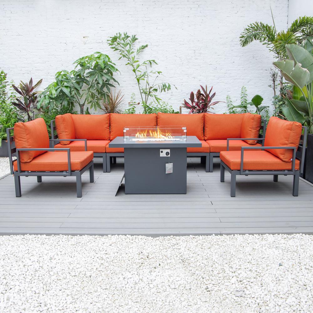 LeisureMod Hamilton 7-Piece Aluminum Patio Conversation Set With Fire Pit Table And Cushions Orange. Picture 5