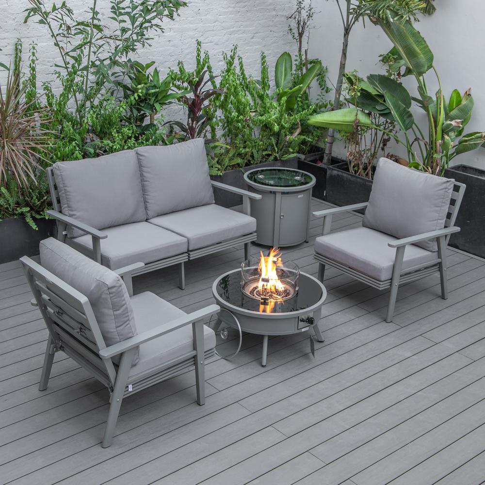 LeisureMod Walbrooke Modern Grey Patio Conversation With Round Fire Pit & Tank Holder, Grey. Picture 1