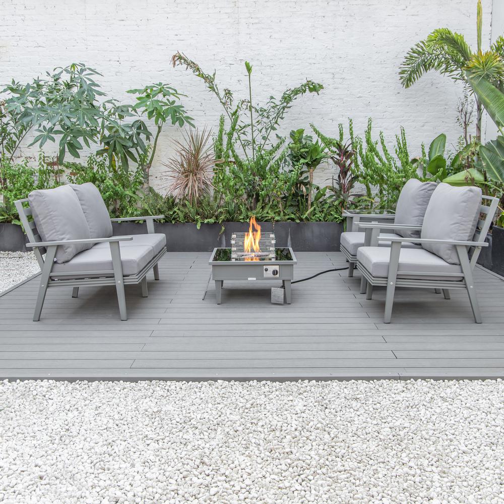 LeisureMod Walbrooke Modern Grey Patio Conversation With Square Fire Pit & Tank Holder, Grey. Picture 9