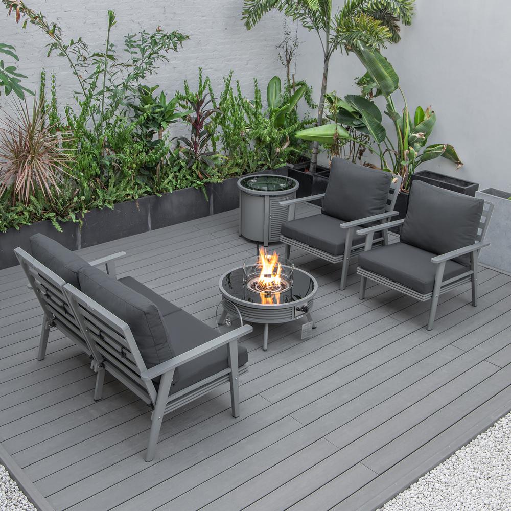 LeisureMod Walbrooke Modern Grey Patio Conversation With Round Fire Pit With Slats Design & Tank Holder, Charcoal. Picture 8
