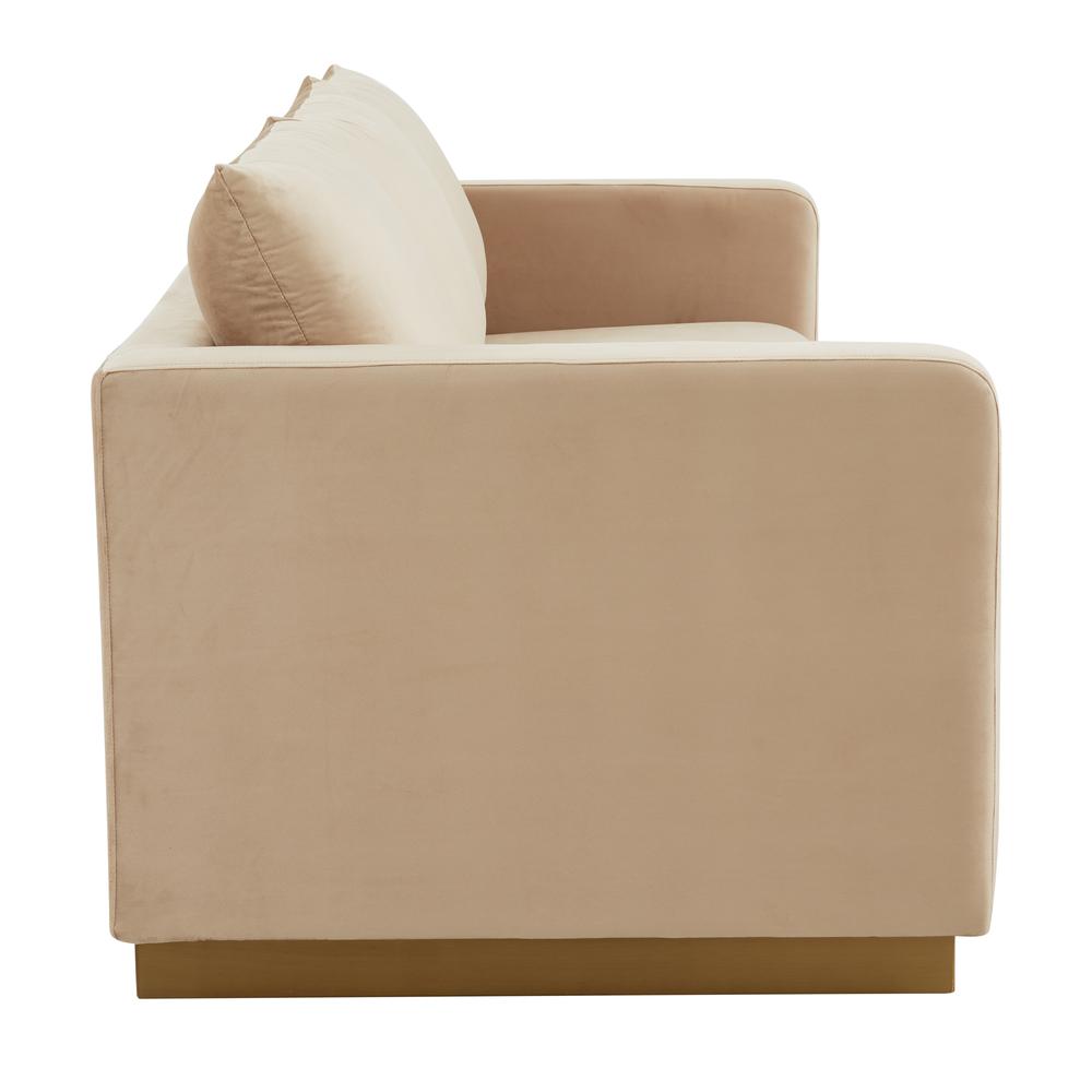 LeisureMod Nervo Modern Mid-Century Upholstered Velvet Sofa with Gold Frame, Beige. Picture 6
