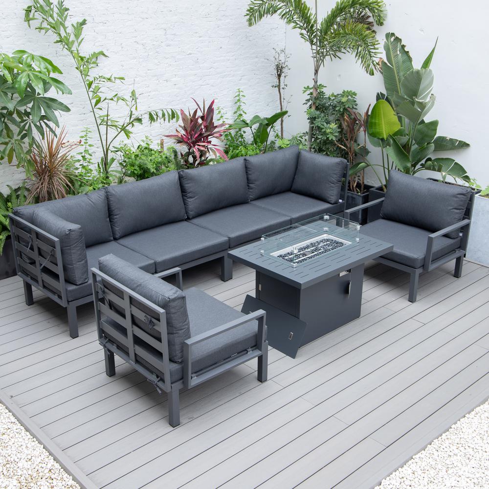 LeisureMod Hamilton 7-Piece Aluminum Patio Conversation Set With Fire Pit Table And Cushions Grey. Picture 5