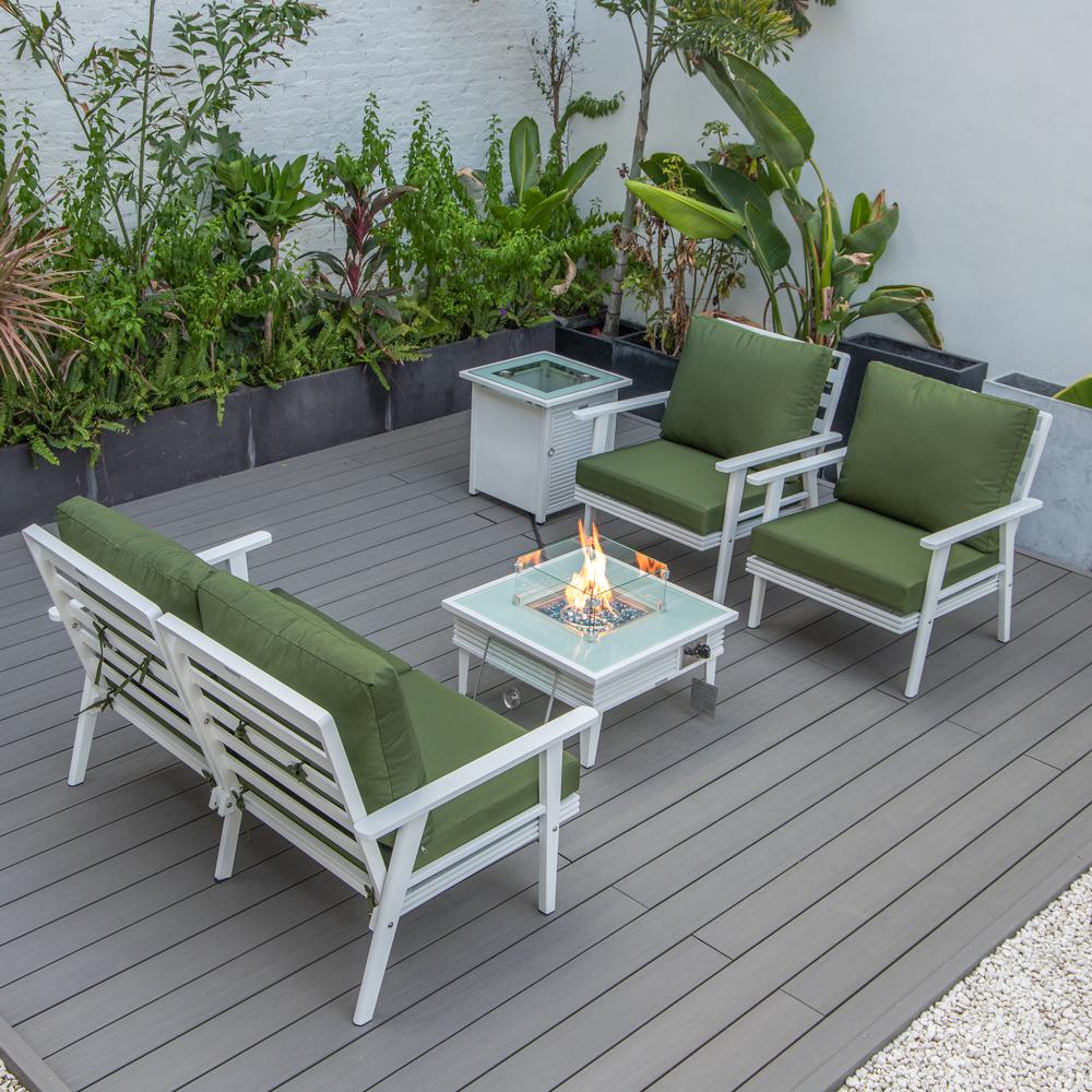 LeisureMod Walbrooke Modern White Patio Conversation With Square Fire Pit With Slats Design & Tank Holder, Green. Picture 7