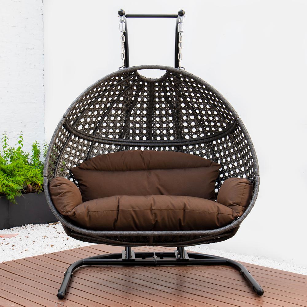 LeisureMod Wicker Hanging Double Egg Swing Chair in Dark Brown. Picture 4