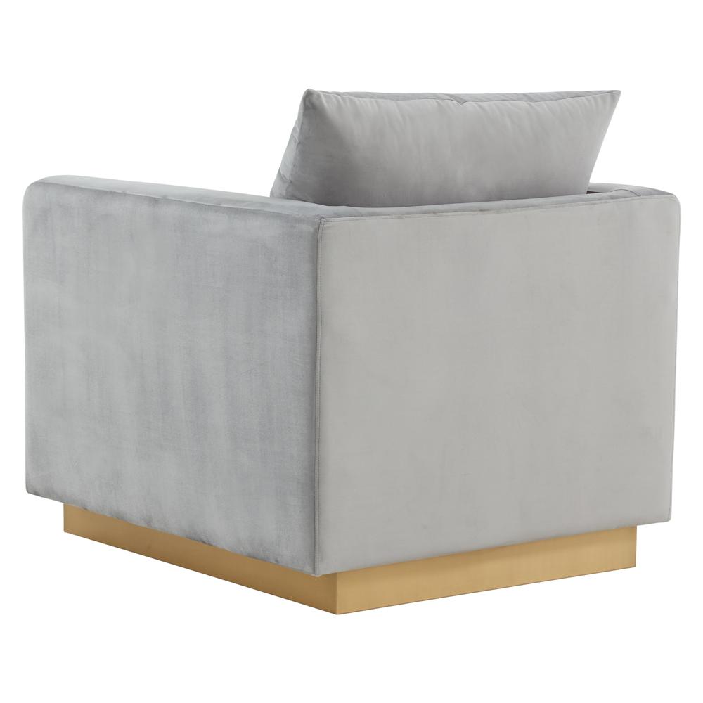 LeisureMod Nervo Velvet Accent Armchair With Gold Frame, Light Grey. Picture 3