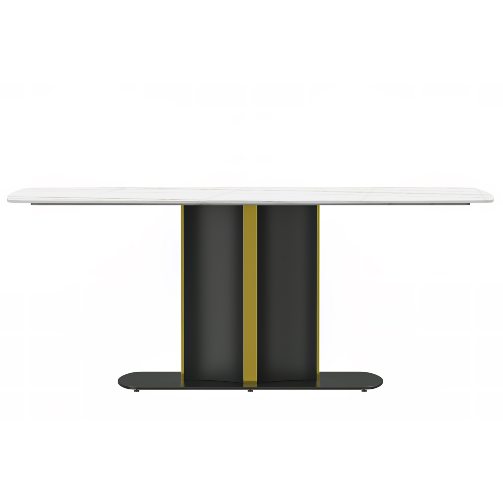 Modern Dining Table Black and Gold Base, With 55 White/Gold Sintered Stone Top. Picture 4