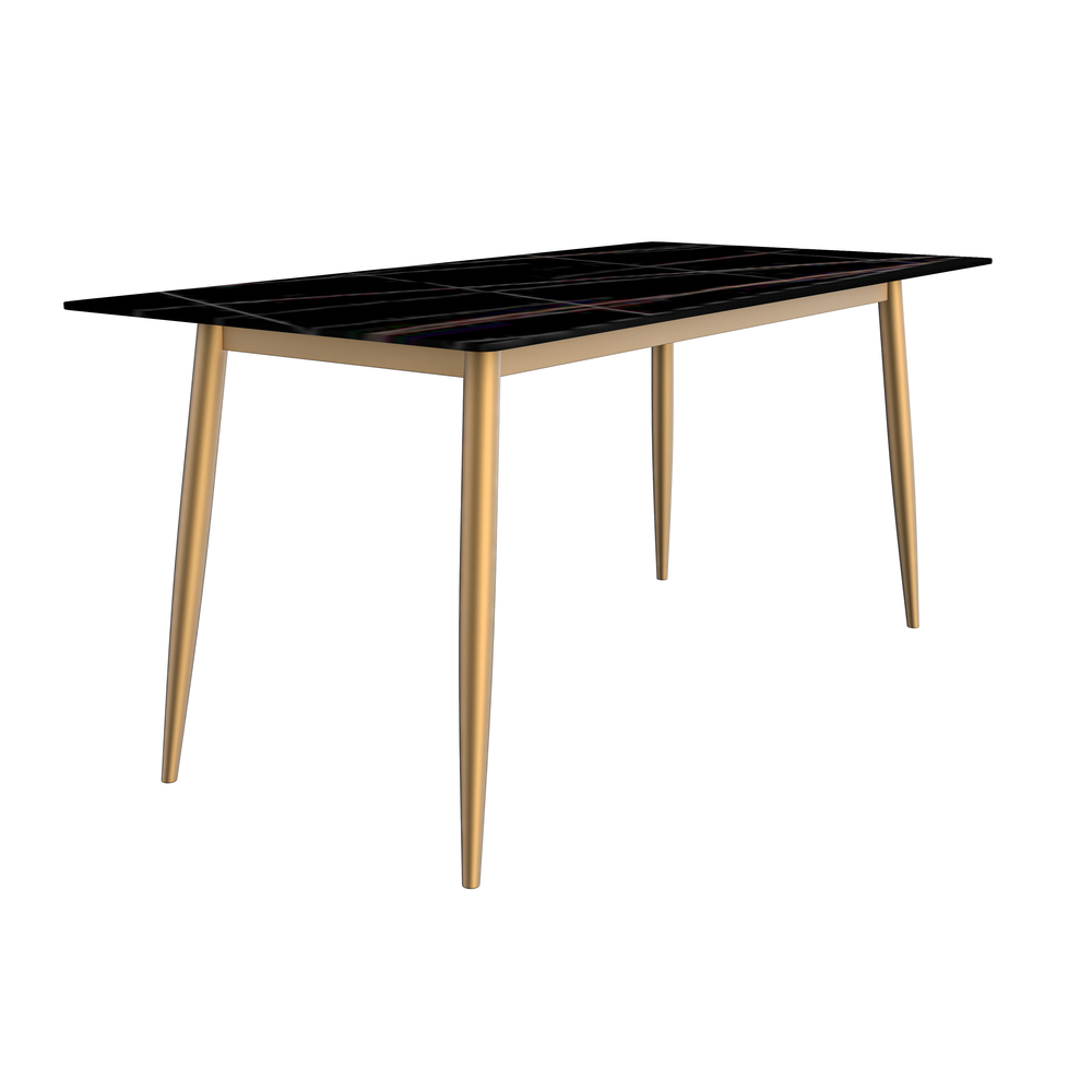 Modern Dining Table Brushed Gold Base, With 71 Black/Gold Sintered Stone Top. Picture 1
