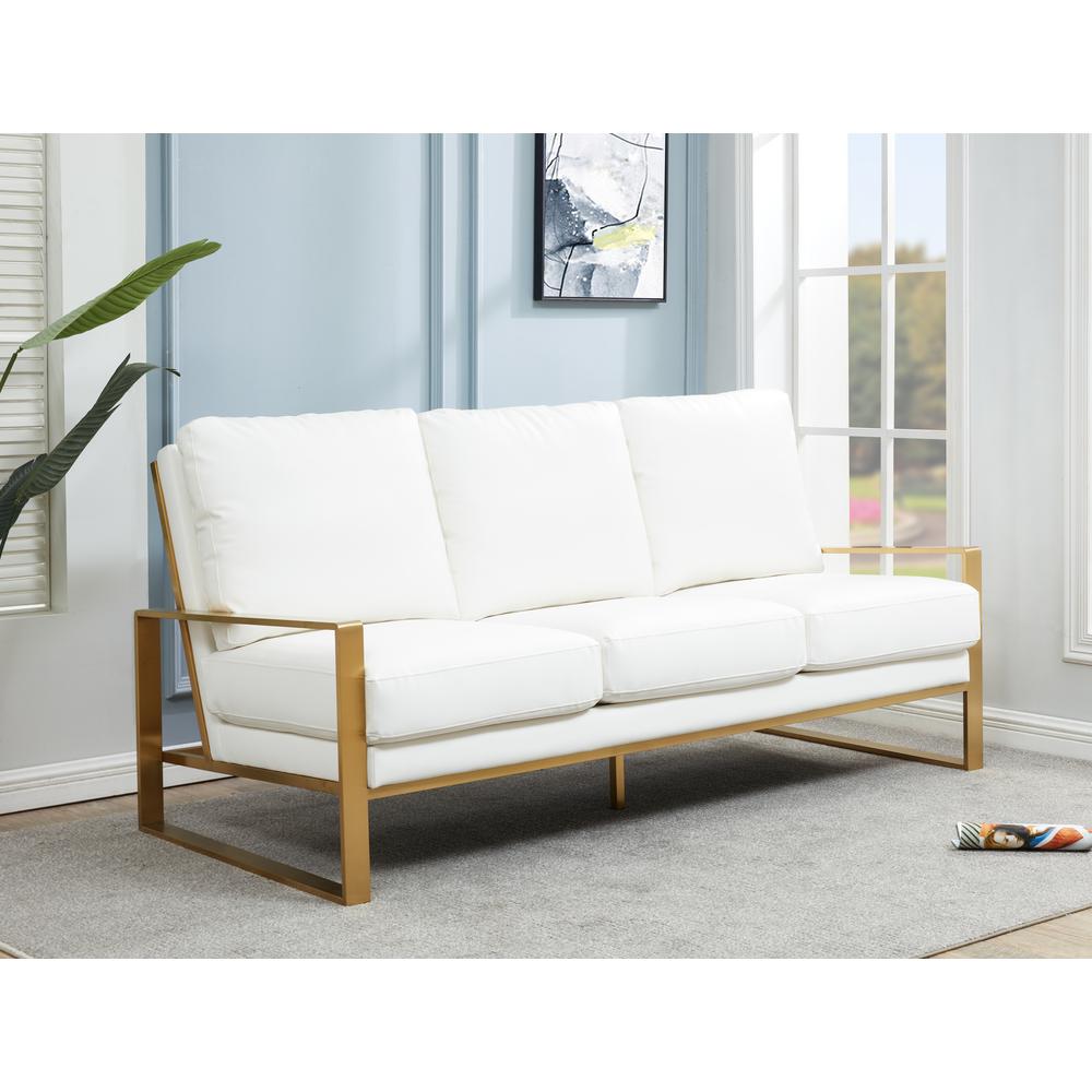 LeisureMod Jefferson Modern Design Leather Sofa With Gold Frame, White. Picture 7