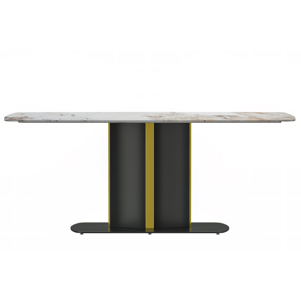 Modern Dining Table Black and Gold Base, With 55 White Grey Sintered Stone Top. Picture 3