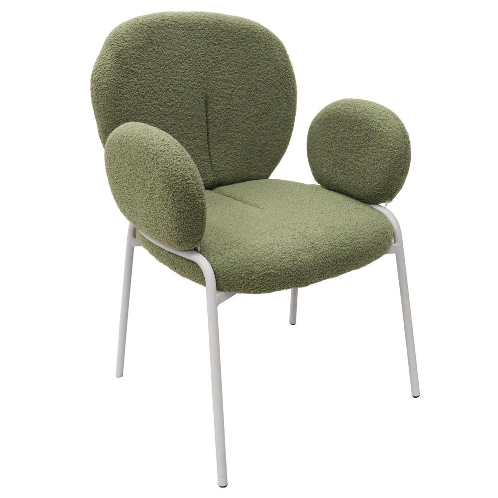 Celestial Series Boucle Dining Arm Chair, White Frame with Green Fabric. Picture 1