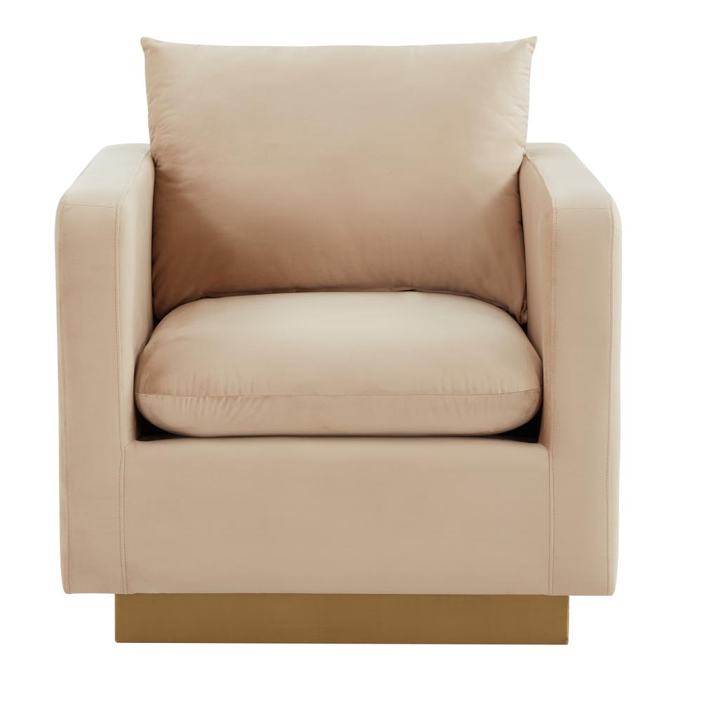 LeisureMod Nervo Velvet Accent Armchair With Gold Frame, Beige. Picture 2