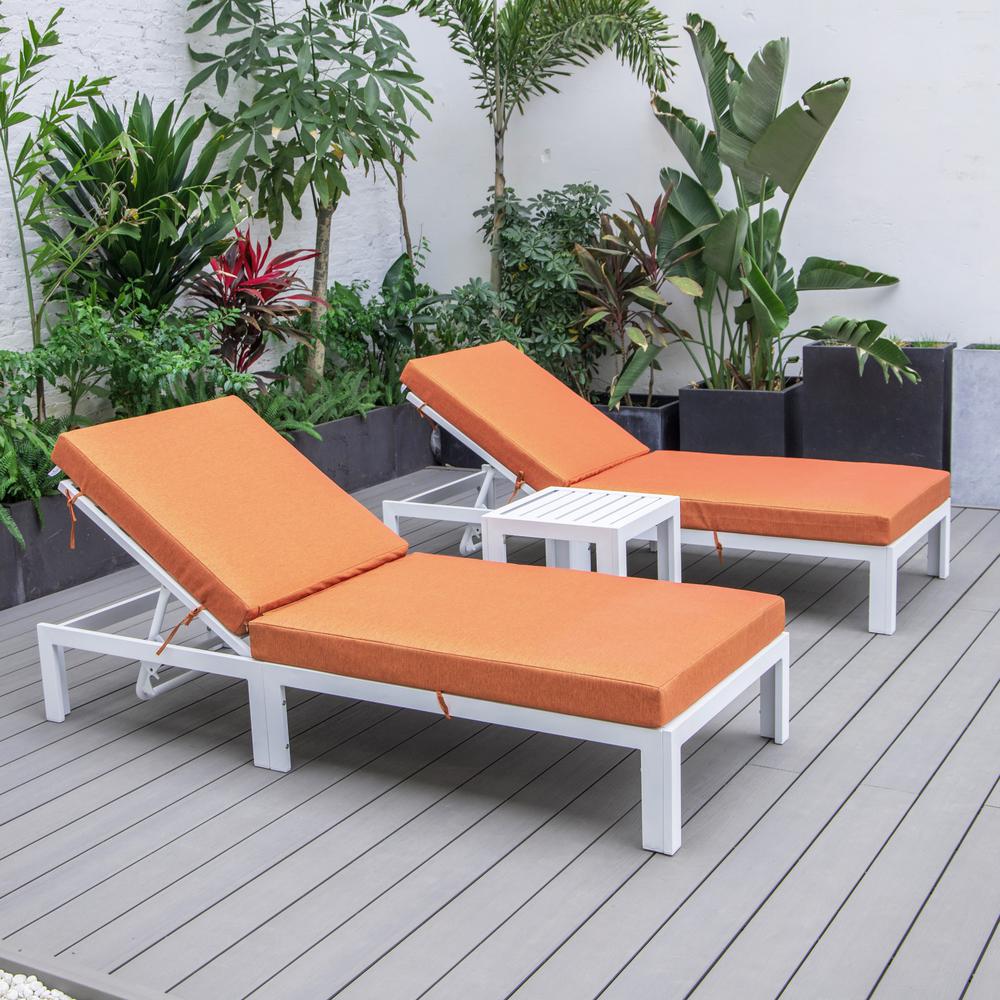 LeisureMod Chelsea Modern Outdoor White Chaise Lounge Chair Set of 2 With Side Table & Cushions Orange. Picture 2