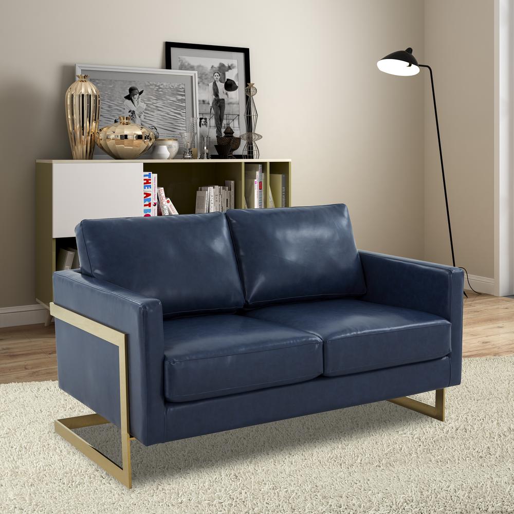 LeisureMod Lincoln Modern Mid-Century Upholstered Leather Loveseat with Gold Frame, Navy Blue. Picture 2