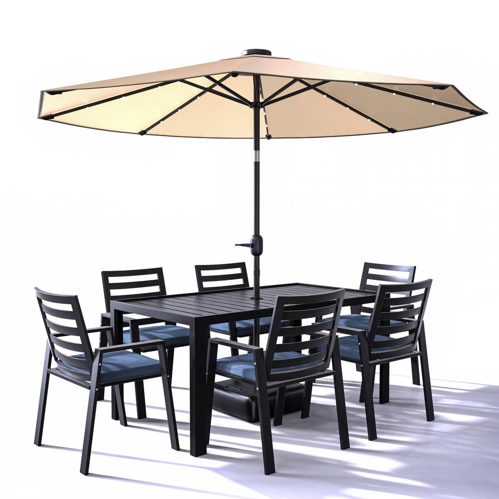 Chelsea Aluminum Outdoor Dining Table With 8 Chairs and Charcoal Blue Cushions. Picture 1