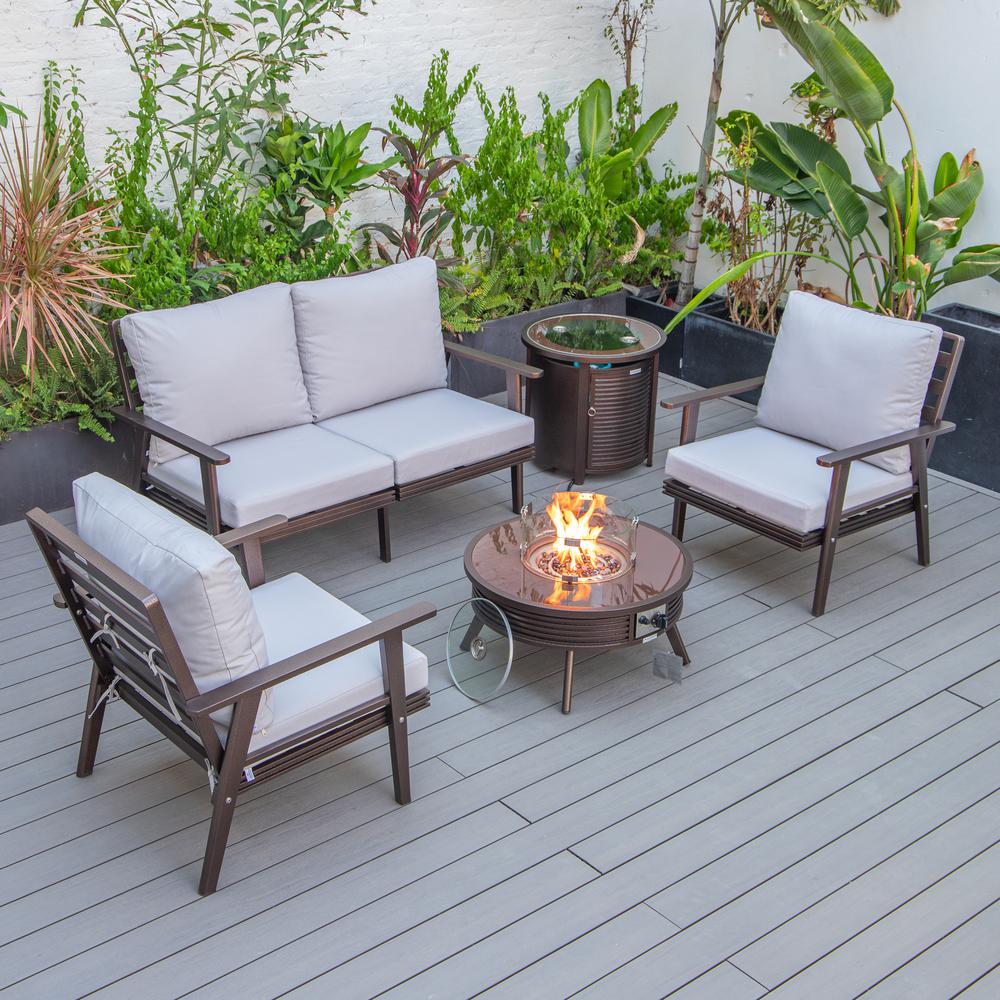LeisureMod Walbrooke Modern Brown Patio Conversation With Round Fire Pit With Slats Design & Tank Holder, Light Grey. Picture 1