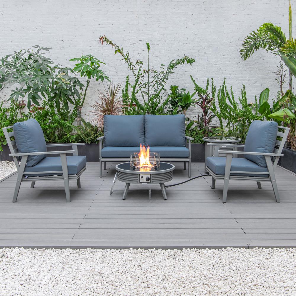 LeisureMod Walbrooke Modern Grey Patio Conversation With Round Fire Pit With Slats Design & Tank Holder, Navy Blue. Picture 7