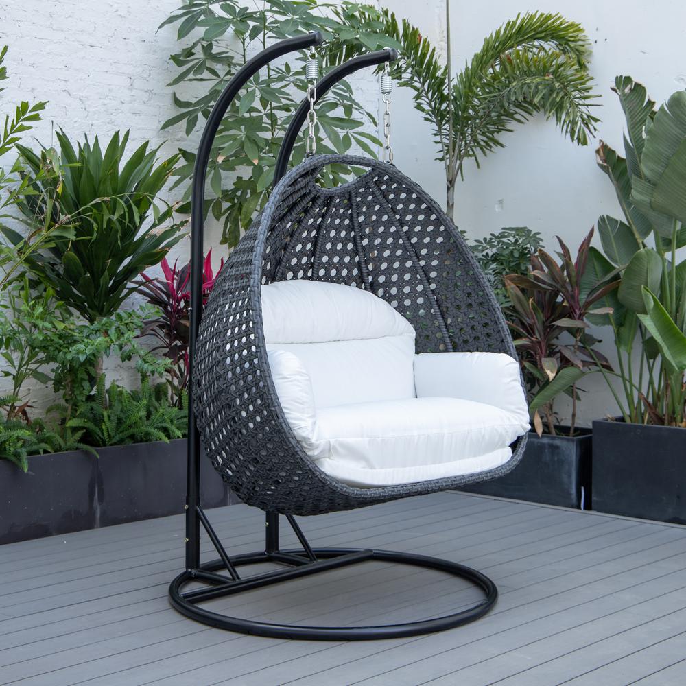 LeisureMod MendozaWicker Hanging 2 person Egg Swing Chair in White. Picture 4