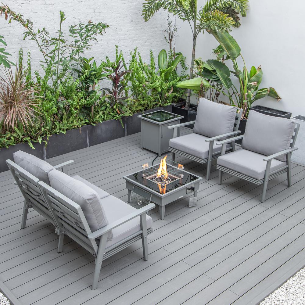 LeisureMod Walbrooke Modern Grey Patio Conversation With Square Fire Pit & Tank Holder, Grey. Picture 7