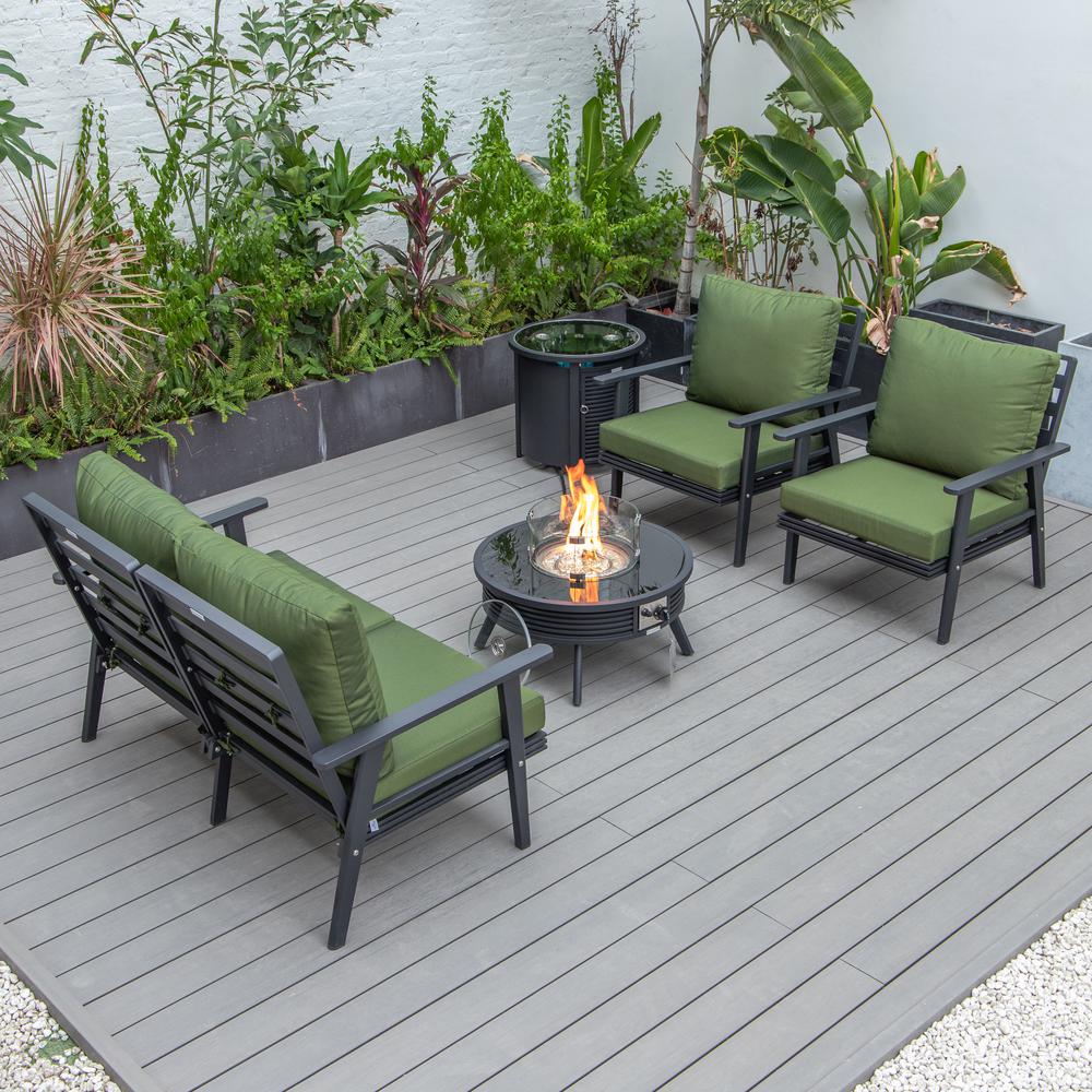 LeisureMod Walbrooke Modern Black Patio Conversation With Round Fire Pit With Slats Design & Tank Holder, Green. Picture 6