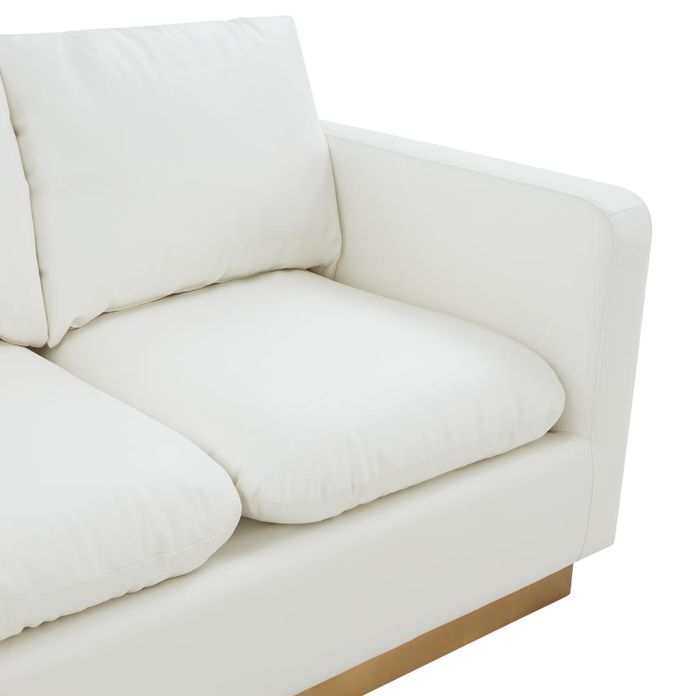 LeisureMod Nervo Modern Mid-Century Upholstered Leather Loveseat with Gold Frame, White. Picture 6